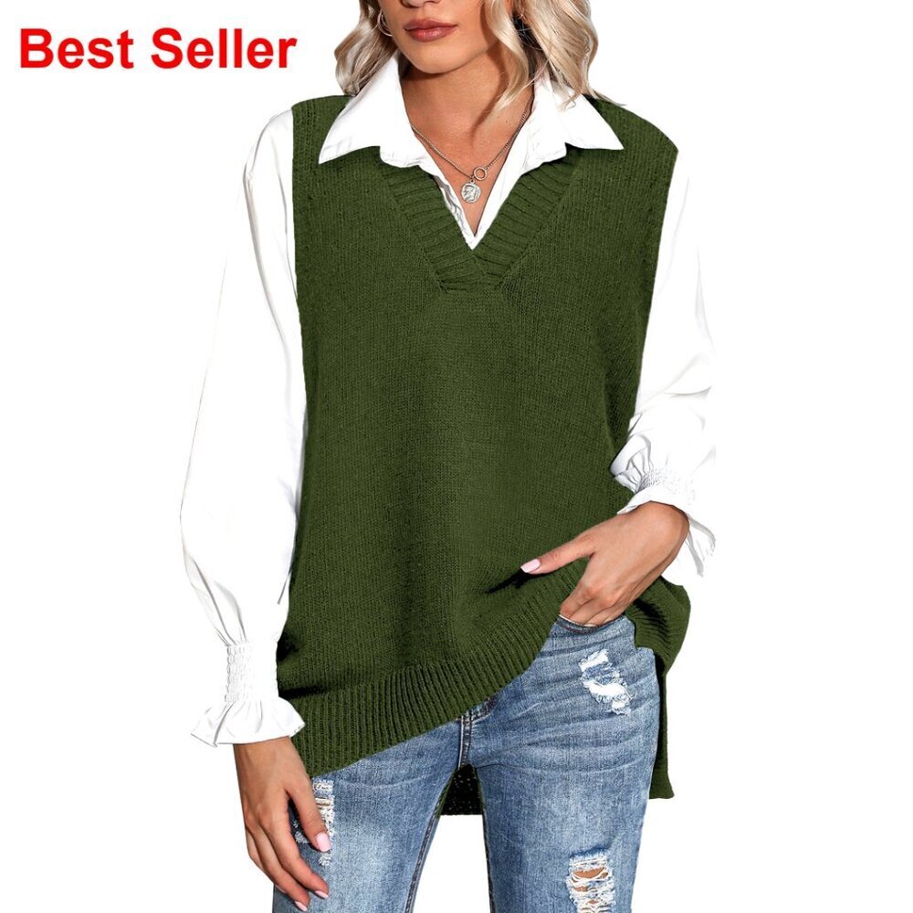 Oversized V-Neck Sweater Vest, Sleeveless Knit Pullover, Women's Fall Top